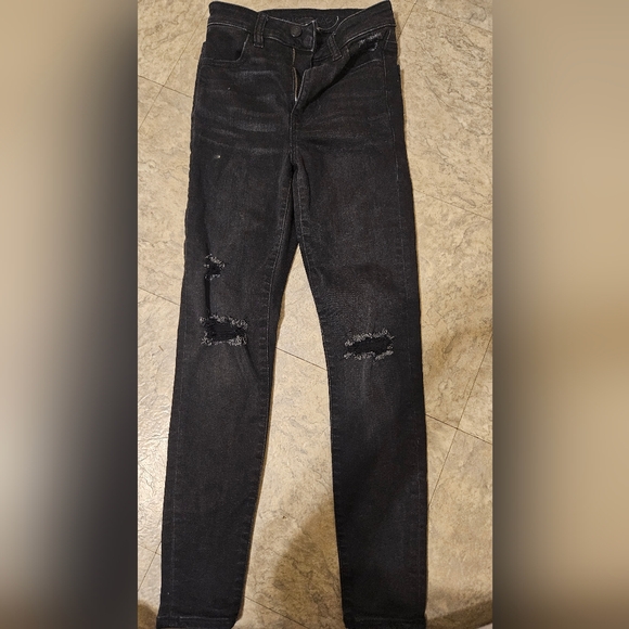 AMERICAN EAGLE Size 00 Short Super Hi-Rise JEGGING Black Distressed Denim Jeans - Picture 1 of 5